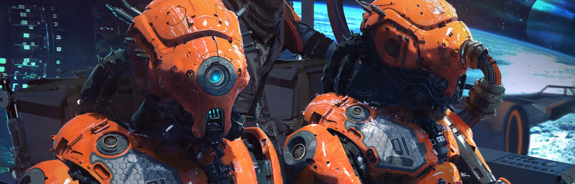 orange robots pilot spaceship